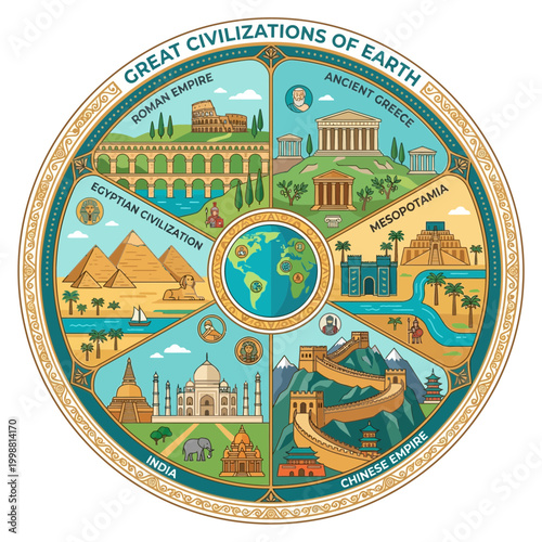 The circular bundle shows Earth's great civilizations and their historical locations