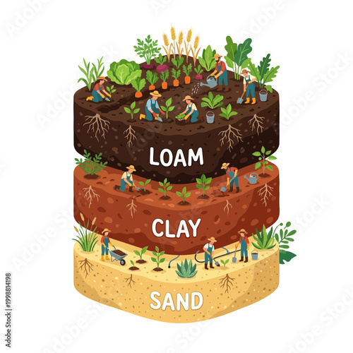 Illustration shows a circular composition bundling Earth's soil layers with people working
