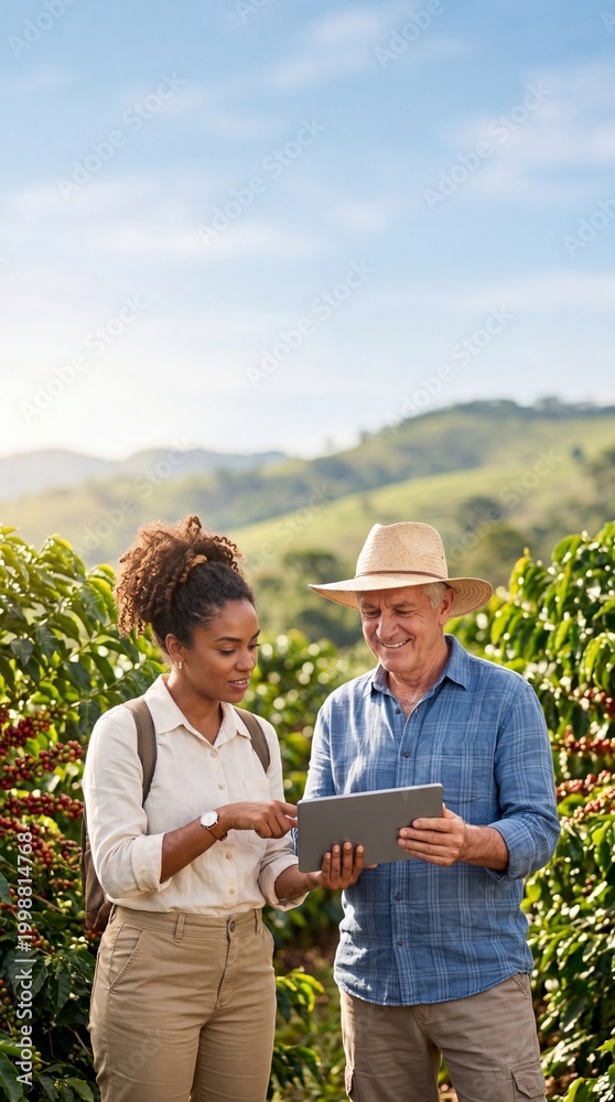 Obraz premium Diverse Farmers Using Digital Tablet for Smart Agriculture on Coffee Plantation