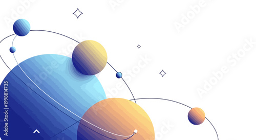Abstract 3D Planets Orbiting on White Background, Cosmic Space Design