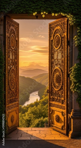 Open Doors Revealing a Scenic Mountain Landscape at Sunset.
