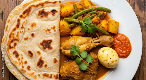 Plate of Indian chicken curry with roti, boiled egg, and side dish.