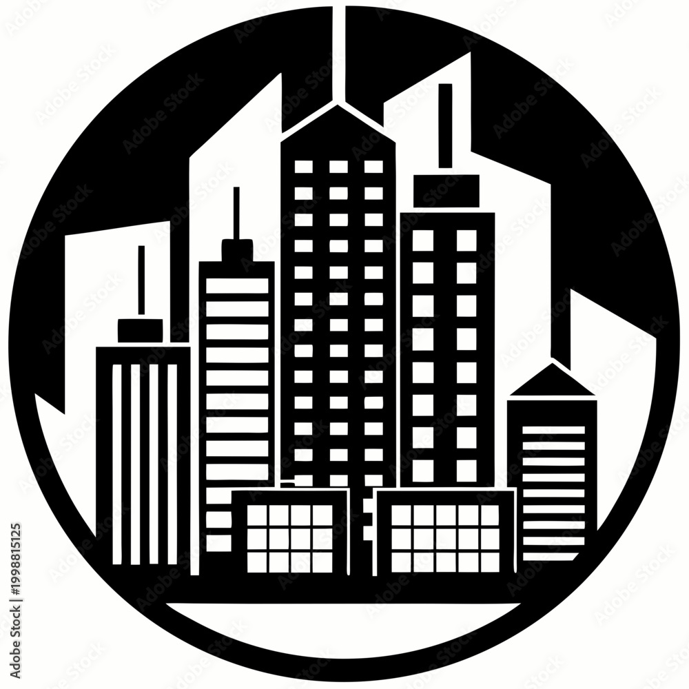 Fototapeta premium Black and white cityscape illustration in circle.