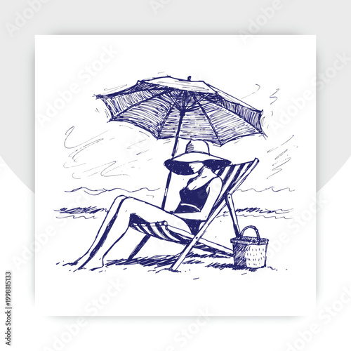 Vector seamless pattern with people on beach. Hand drawn illustration of young men and women sunbathing under umbrellas on the sea coast.  Summer vacation funny texture in sketch style,