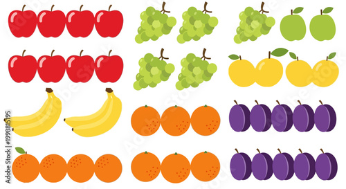 Assorted Fresh Fruits Arranged in Rows: Apples, Grapes, Bananas, Oranges, Plums
