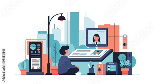 person sitting at desk with computer and cityscape background