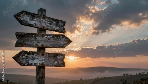 Blank Wooden Directional Signpost at Sunset in Nature Landscape