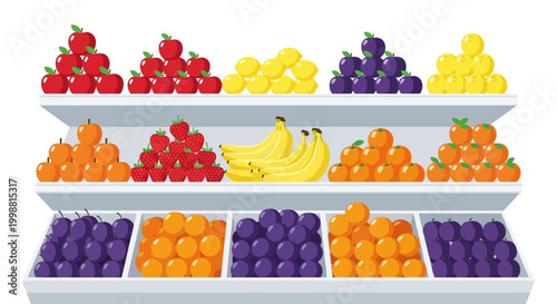 Assorted Fresh Fruits Displayed on Shelves, Variety of Healthy Produce