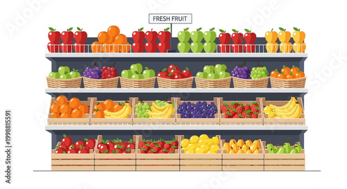 Assortment of Fresh Fruits Displayed on Supermarket Shelves, Healthy Food Concept