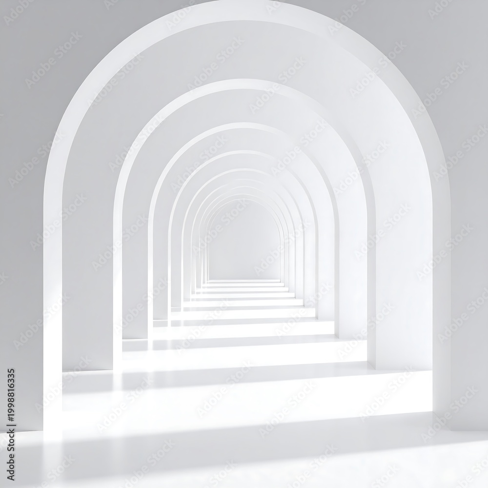 Fototapeta premium Rendered architectural perspective of a series of white arches, creating a tunnel effect. The bright interior has diffused light