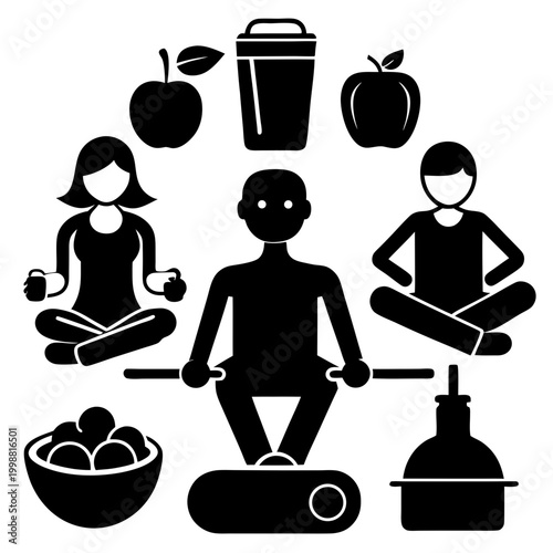 Healthy lifestyle icons with people exercising and eating nutritious food.