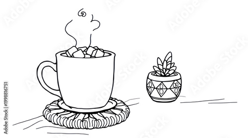 Hot Chocolate Mug and Potted Plant Outline Drawing for Cozy Home Decor
