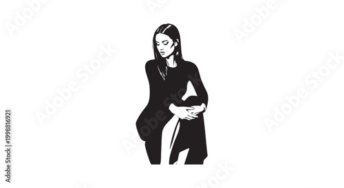 Stylish young woman silhouette in casual dress sitting on floor looking down isolated on white background vector.
