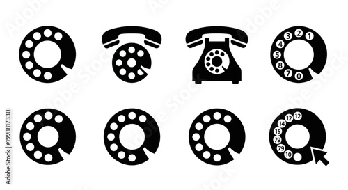 Fotografie Retro rotary phone icons, vintage telephone symbols, black dialer signs, communi