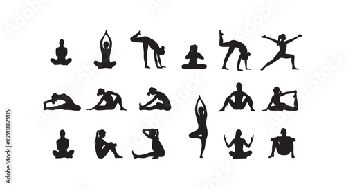 Yoga pose silhouettes collection showing people practicing various healthy fitness exercises on white background set.