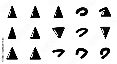 Black Triangle, Arrow, and Curved Icons Set, 15 Vector Graphic Elements