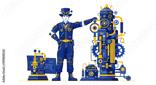 Steampunk inventor with intricate machinery and blueprints