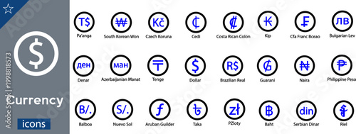 24 Currency Icons Dual Tone Black and Blue Circular Set for Global Money Symbols, Forex Trading, and Financial Apps