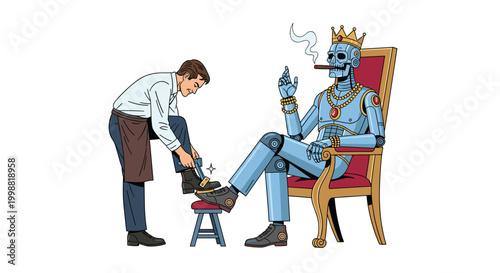 Satirical sci-fi illustration of a human servant polishing the boots of a robot king who is smoking a cigar on a regal throne.