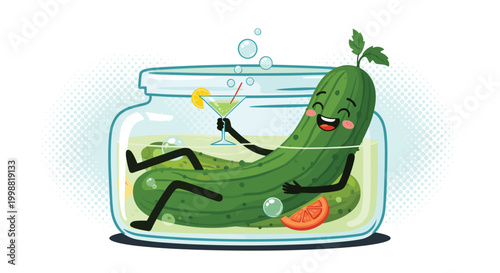 Humorous cartoon pickle character relaxing in a glass jar of brine while holding a green cocktail for a fun food themed illustration.