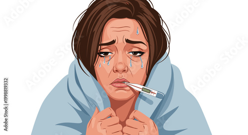 Portrait of a sick woman wrapped in a blanket with a thermometer in her mouth and a feverish expression for health and flu concepts.