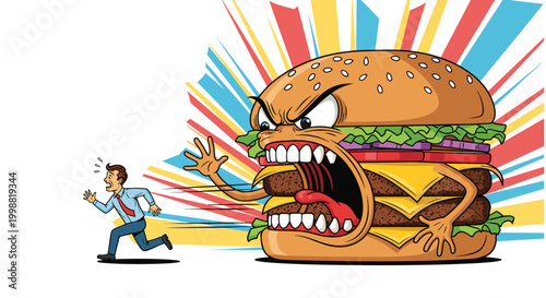 Humorous satirical illustration of a small businessman running away from a giant monster cheeseburger with sharp teeth and arms.