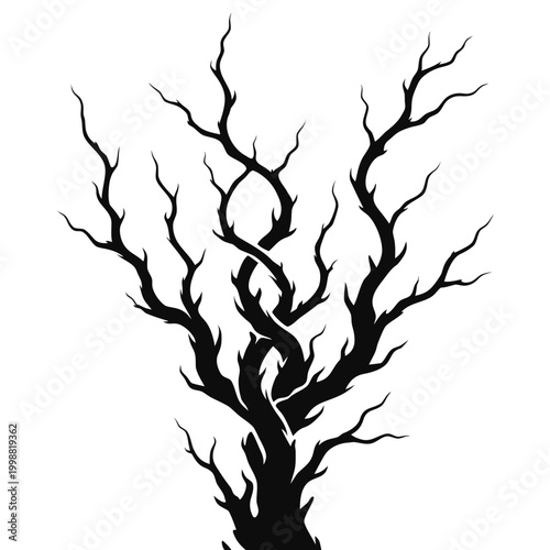 Black tree silhouette, bare branches, vector tree icon, minimalist design element