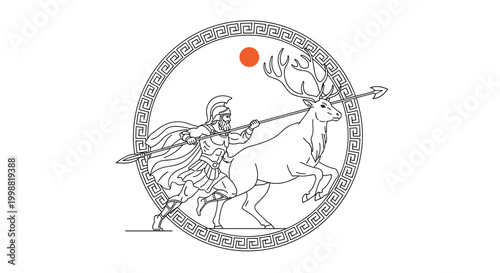 Elegant line art of an ancient Greek warrior with a spear chasing a stag within a circular frame with traditional geometric motifs.