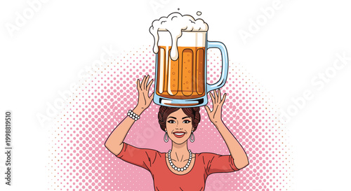 Happy woman balancing a massive frothy mug of beer on her head against a pink halftone background in a fun pop art illustration.