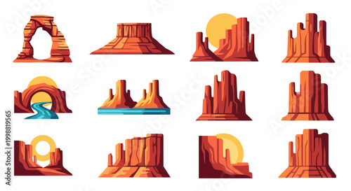 Desert Landscape Icons: Arches, Mesas, Buttes, Canyons with Sun and Water