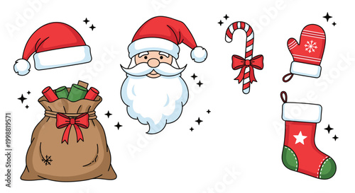 Variety of traditional Christmas holiday symbols including Santa Claus his hat a candy cane a gift sack a mitten and a stocking.