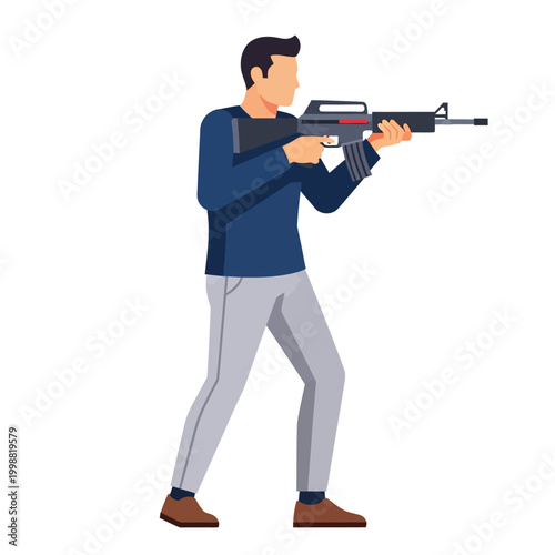 Man holding assault rifle, aiming forward in defensive stance, flat design illustration