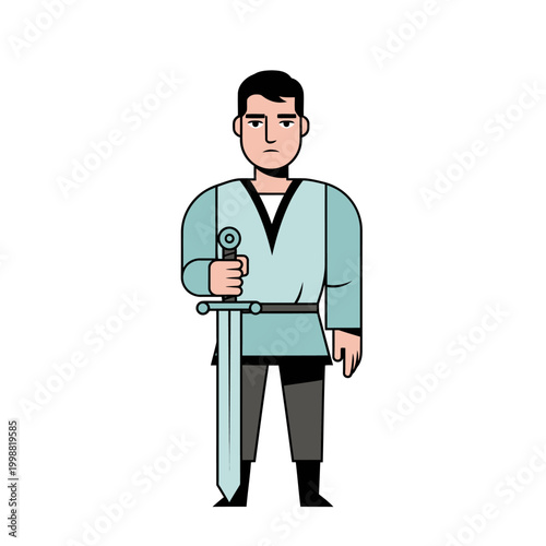 Medieval Knight Holding Sword - Cartoon Character Illustration