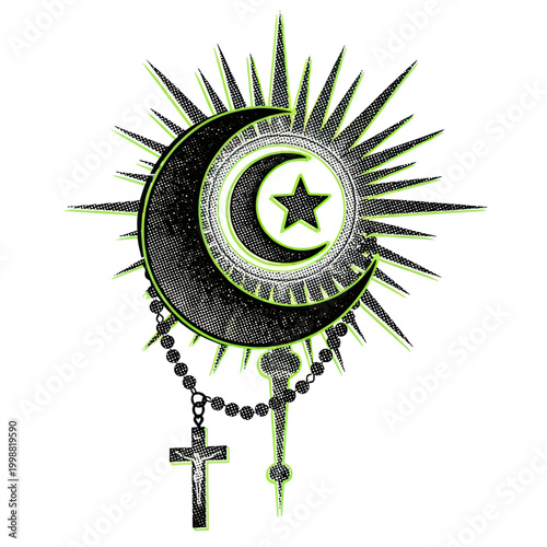 Islamic Crescent Moon and Star with Christian Rosary and Cross