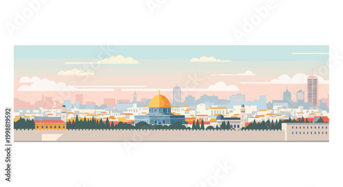 Jerusalem skyline panoramic illustration with Dome of the Rock and modern buildings