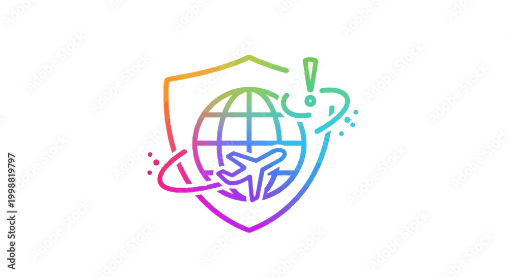 Obraz premium Global Travel Protection Shield with Airplane and Globe Icon, Rainbow Gradient