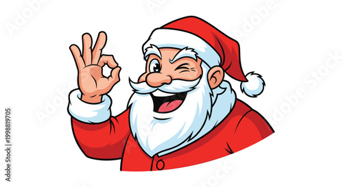Jolly cartoon Santa Claus winking and making an okay hand sign to wish everyone a Merry Christmas in a colorful vector illustration.