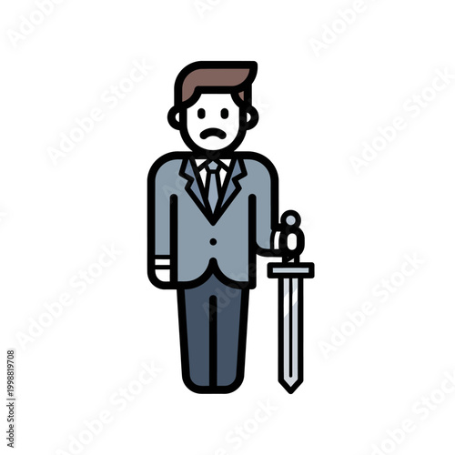 Sad Businessman Holding Sword Icon - Symbolizing Difficult Decisions and Corporate Struggles