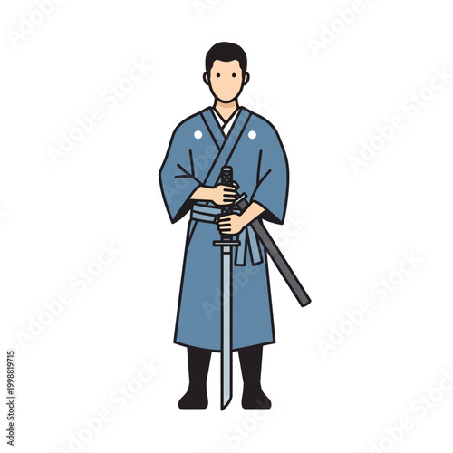 Samurai Warrior Holding Katana Sword in Traditional Blue Kimono