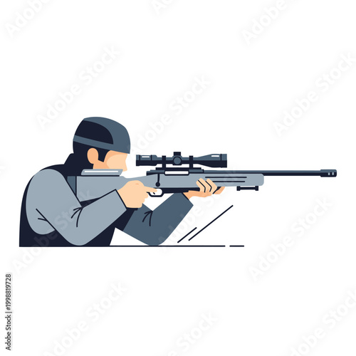 Sniper aiming rifle with scope, military, tactical, precision targeting, focus, flat illustration