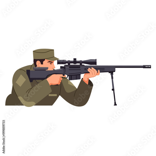 Sniper aiming rifle with scope, military soldier in uniform, focus on target, vector illustration