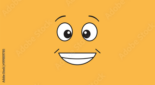 Cheerful and simple yellow smiley face with big eyes and a broad white toothy grin expressing happiness and positivity in vector.