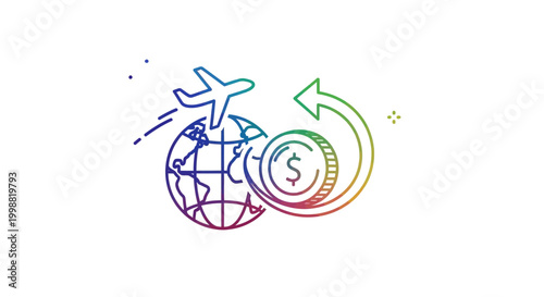 Global Travel Finance Concept: Airplane, Earth, Coin with Dollar Sign, and Circular Arrow