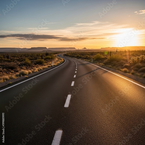 Open Road Leading into the Sunset in the Desert.