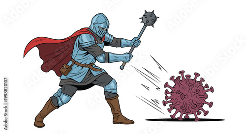 Brave medieval knight in full armor attacking a giant purple virus molecule with a spiked mace to represent the fight against disease.