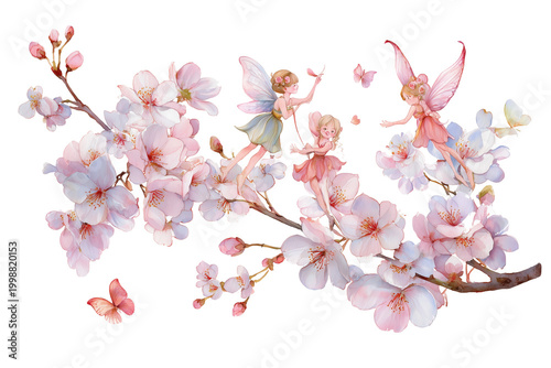 Watercolor cute composition with fairies and butterflies on blossom branch isolated on white background png