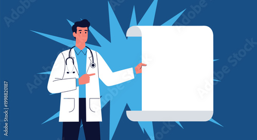 Male doctor in a white lab coat and stethoscope pointing at a large blank scroll or document against a blue starburst background.
