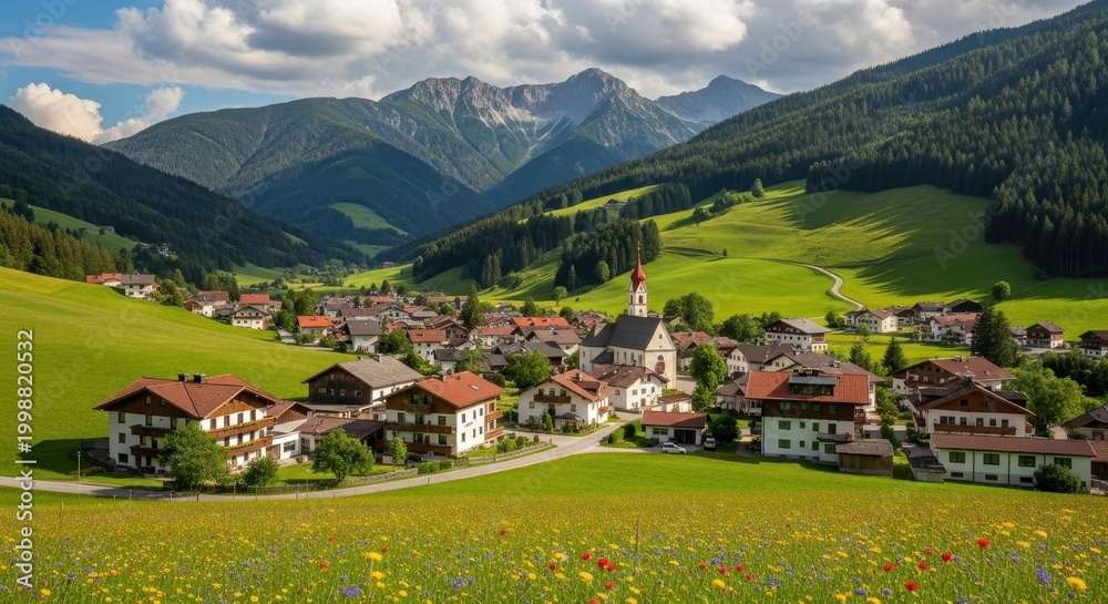 Obraz premium Picturesque Village Nestled in Lush Green Valley Under Majestic Mountains.