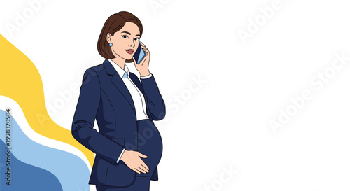 Professional pregnant woman in a navy blue business suit talking on a mobile phone while standing against a modern wave background.