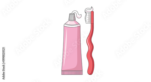 Pink tube of toothpaste and a matching red toothbrush with a fresh squiggle of white paste on top against a plain white background.